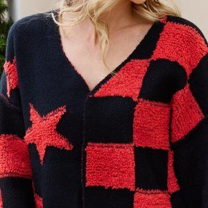 POL Exposed Seam Relaxed Fit Sweater with Star Denim Patch